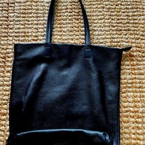 Quince Italian Leather Tall Zip Top Tote in black pebble leather 16"x15"x5"